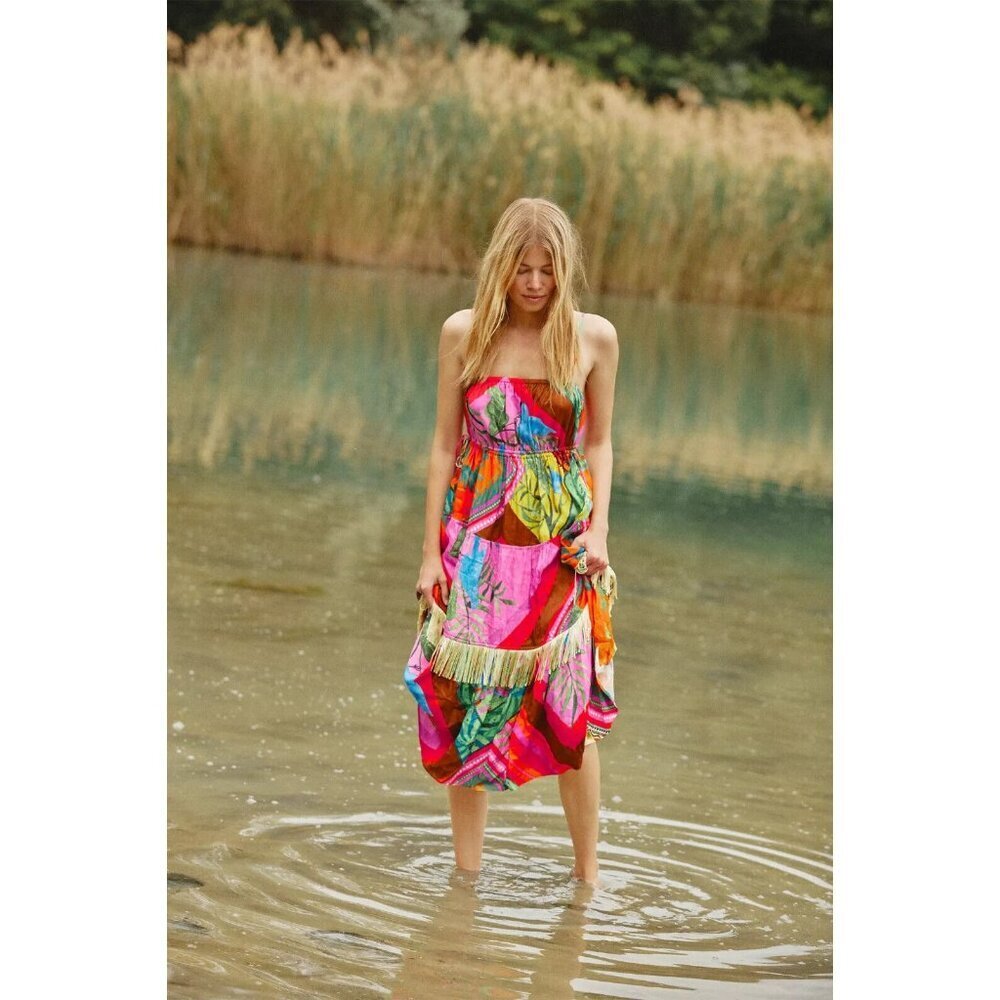 NWT FARM Rio Palila Fringed Midi in Patchwork Floral Parrot Print Tank Dress L - Picture 2 of 6
